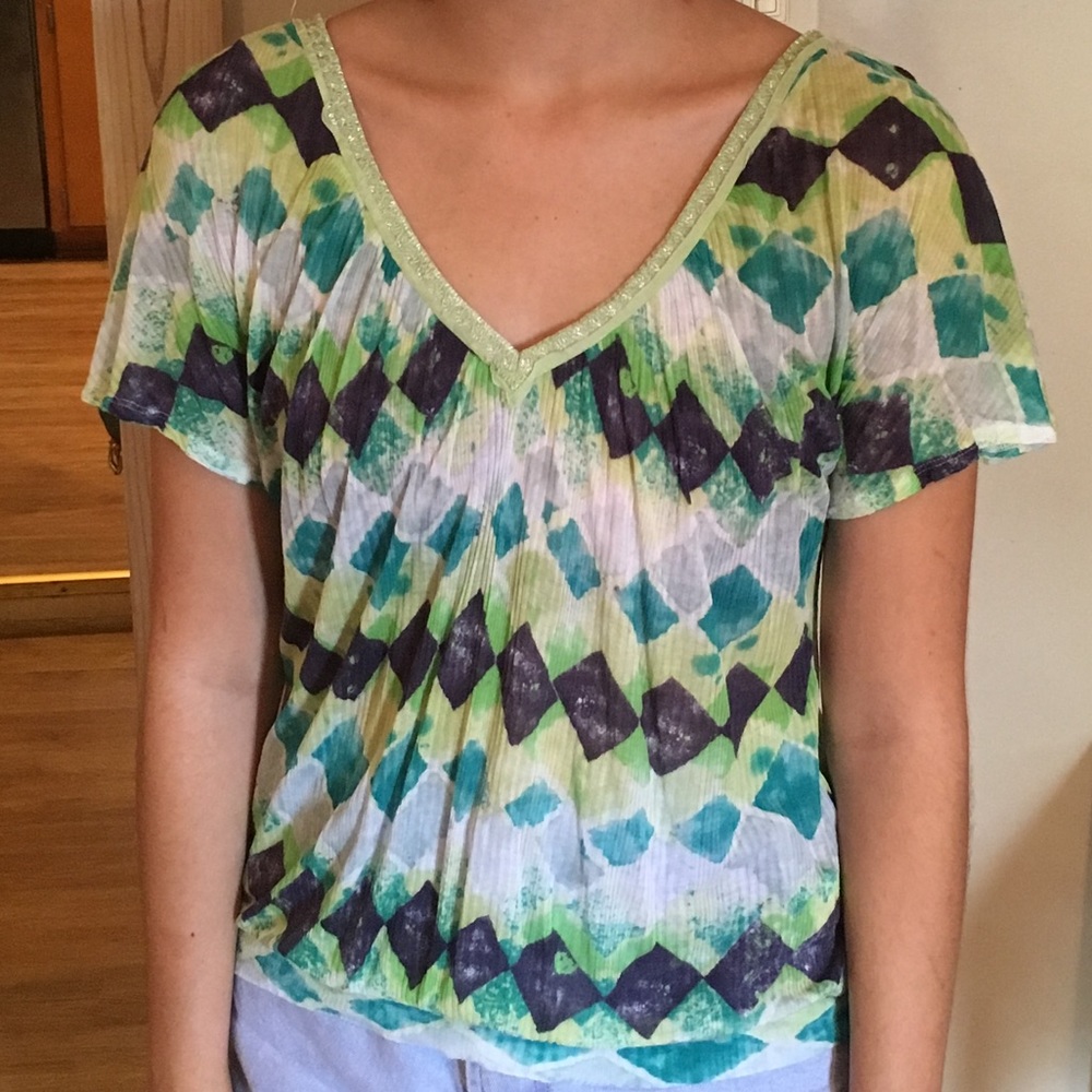 Free People Green Pattern V Neck Top Blouse